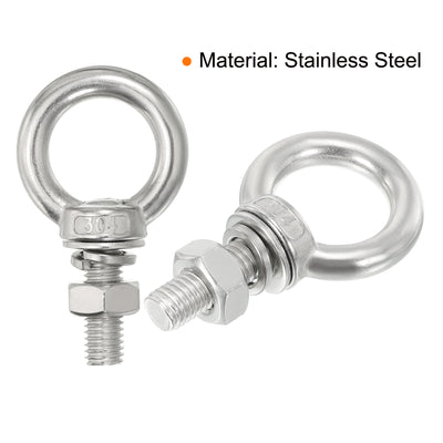 Harfington Uxcell M4x30 3/16"x1.18" Stainless Steel Eye Bolts Threaded Screw Eyebolt Shoulder Ring with Nuts Washers for Lifting Hanging, 4 Set