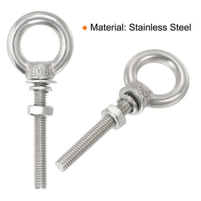 Harfington Uxcell M10x30 3/8"x1.18" Stainless Steel Eye Bolts Threaded Screw Eyebolt Shoulder Ring with Nuts Washers for Lifting Hanging, 4 Set