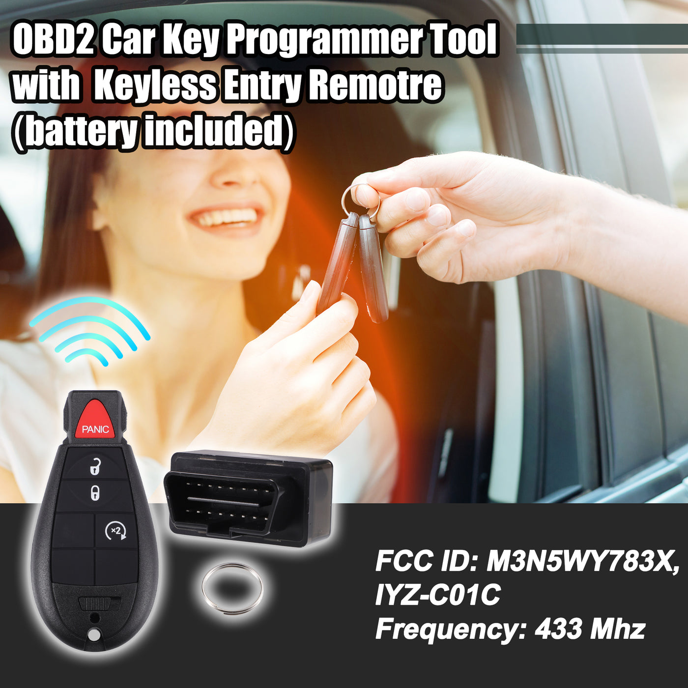 X AUTOHAUX Key Programmer with Keyless Entry Remote Key Fob Replacement for Dodge Challenger Charger for Ram 1500 2500 3500 08-2012 M3N5WY783X 433Mhz with Chip 4 Button OBD2 Tool