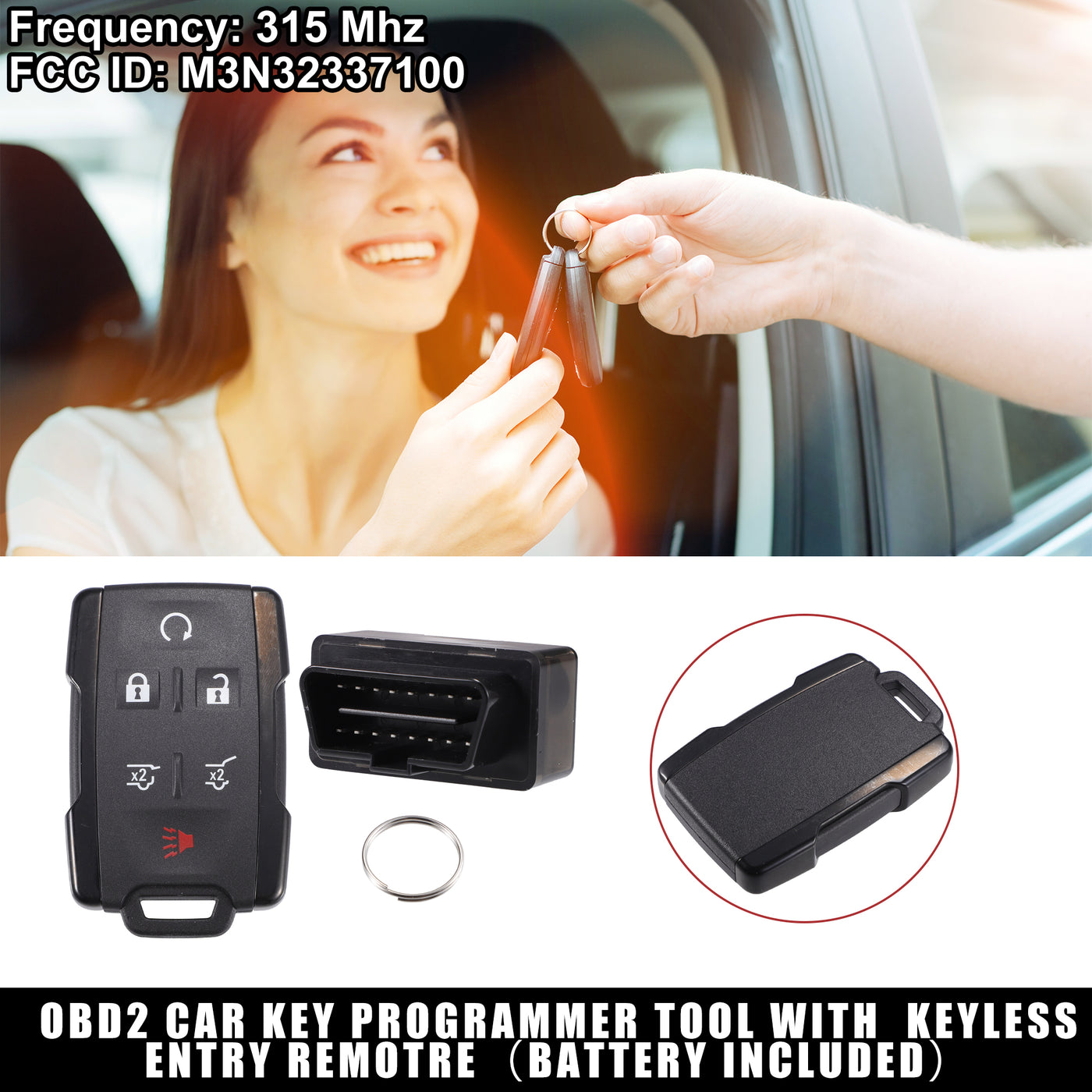 X AUTOHAUX Key Programmer with Keyless Entry Remote Key Fob Replacement for Chevrolet Tahoe Suburban for GMC Yukon 2015-2020 M3N32337100 315Mhz with Chip 6 Button OBD2 Tool