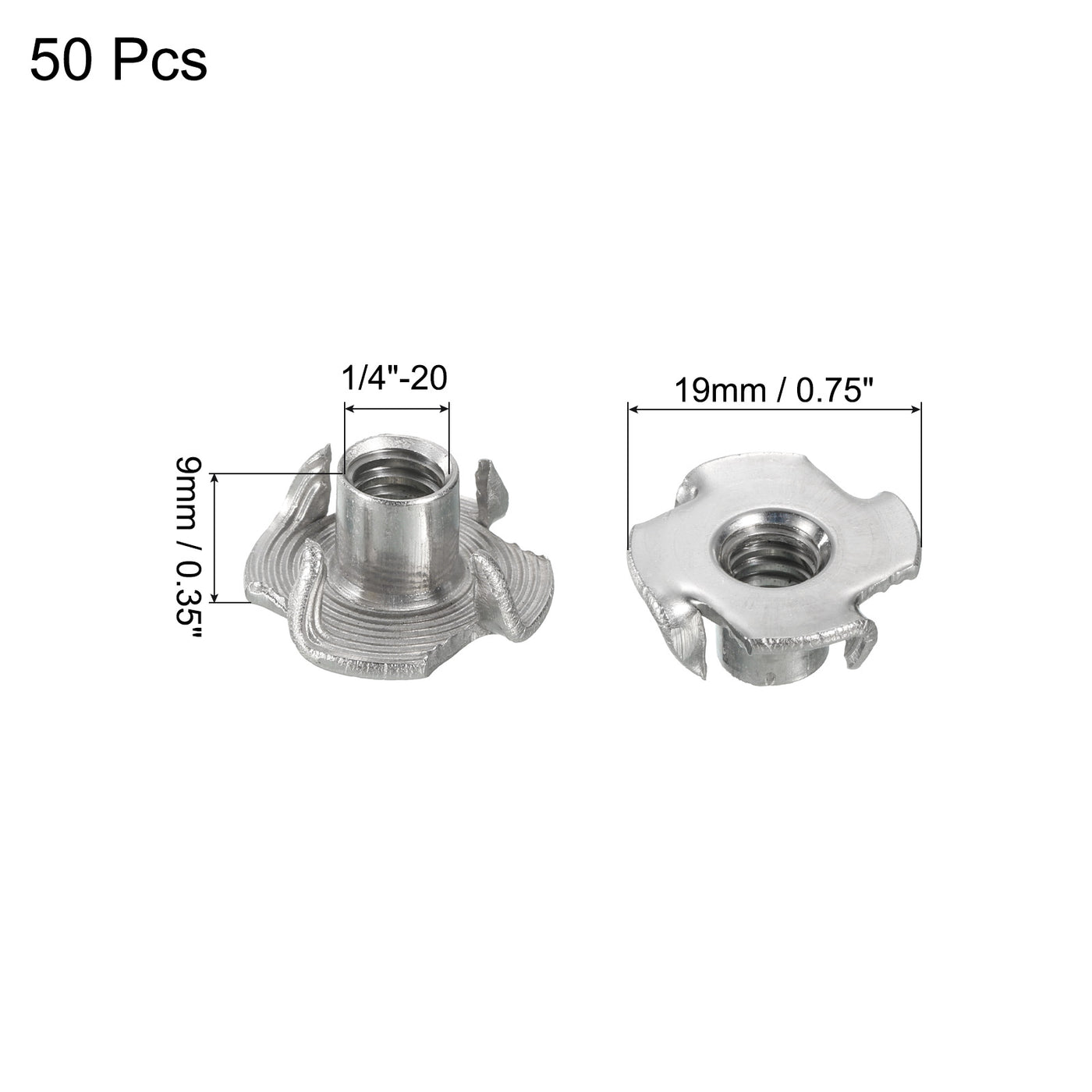 uxcell Uxcell 1/4"-20 T-nut 50pcs 304 Stainless Steel 4 Pronged Tee Nuts Threaded Insertion