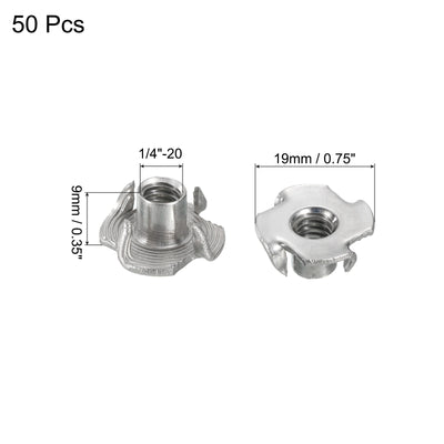 Harfington Uxcell 1/4"-20 T-nut 50pcs 304 Stainless Steel 4 Pronged Tee Nuts Threaded Insertion