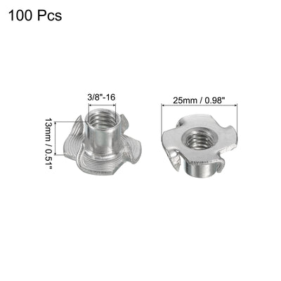 Harfington Uxcell 3/8"-16 T-nut 100pcs 304 Stainless Steel 4 Pronged Tee Nuts Threaded Insertion