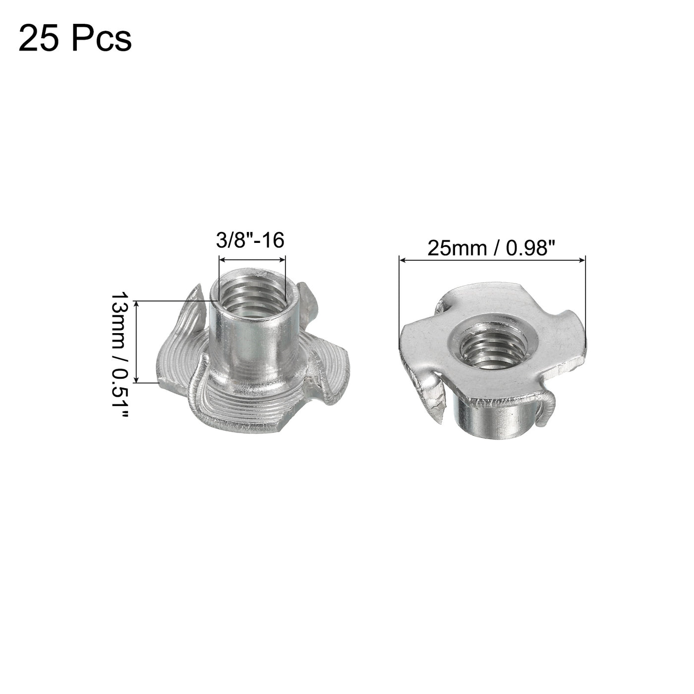uxcell Uxcell 3/8"-16 T-nut 25pcs 304 Stainless Steel 4 Pronged Tee Nuts Threaded Insertion