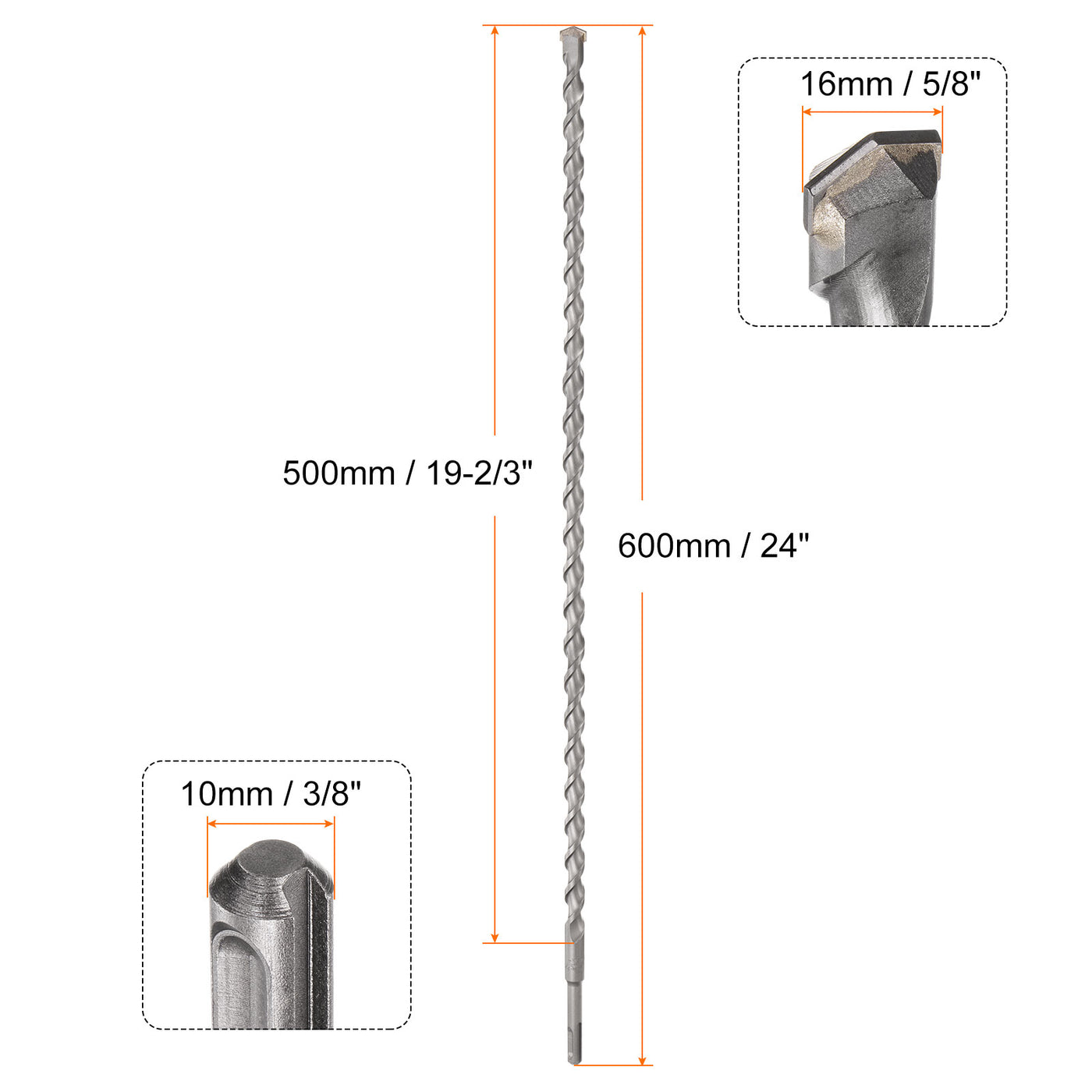 Harfington 16mm x 600mm Carbide Tip SDS-Plus Rotary Hammer Drill Bit for Masonry Concrete