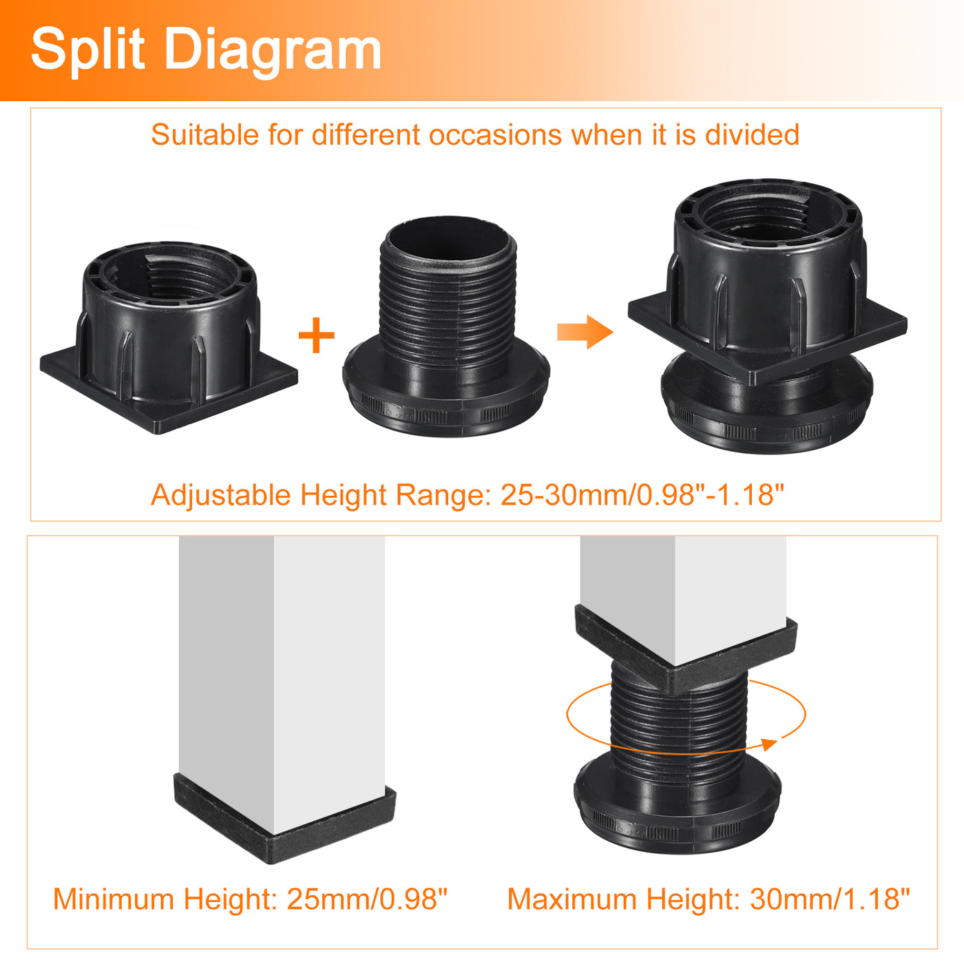 uxcell Uxcell 4Pcs Inserts for Square Tubes with Leveling Feet, for 50x50mm Dia Square Tube