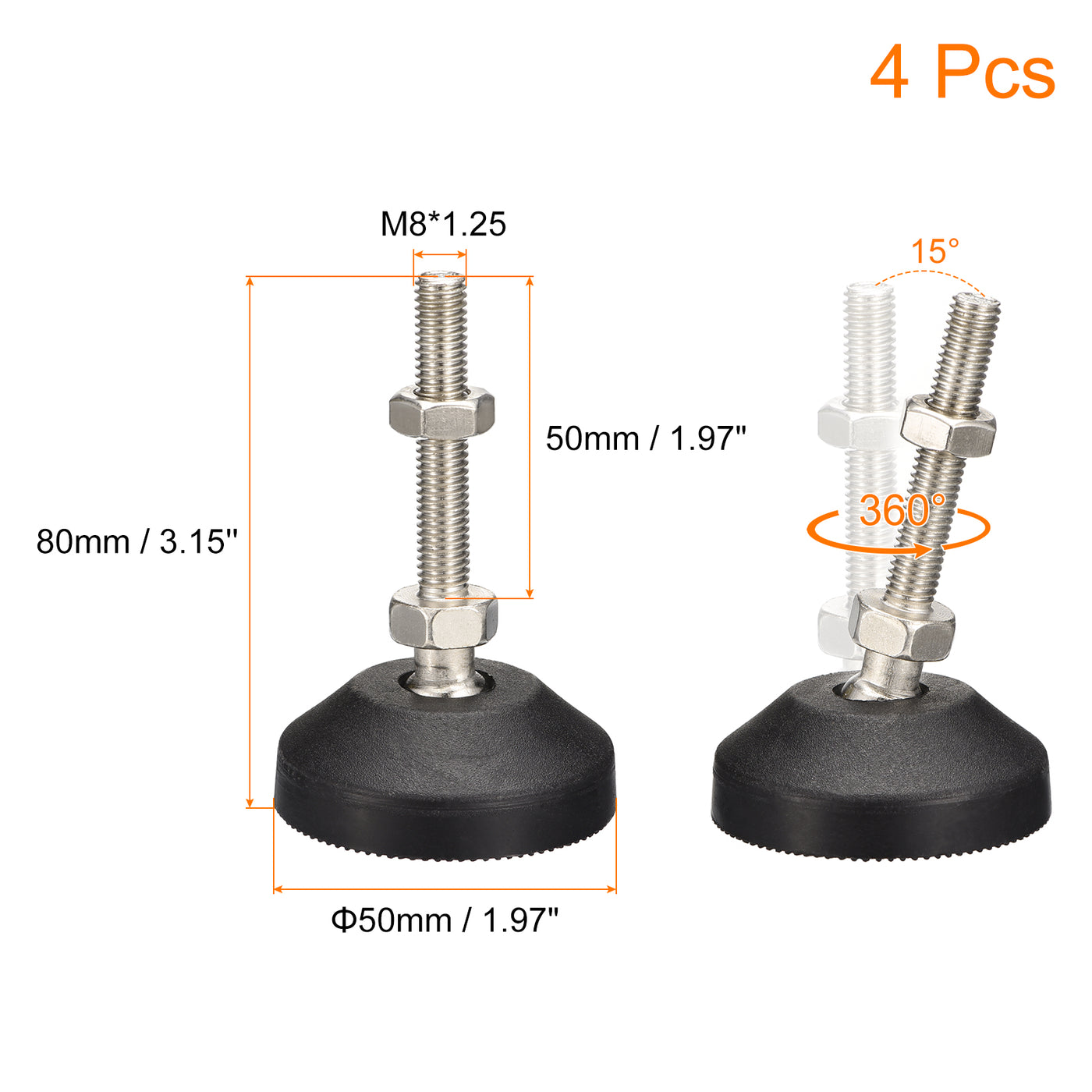 uxcell Uxcell Furniture Levelers, 4Pcs M8x50x50mm Nylon Universal Leveling Feet, Adjustable Swivel Table Feet for Furniture Workshop Machines Machinery Equipment