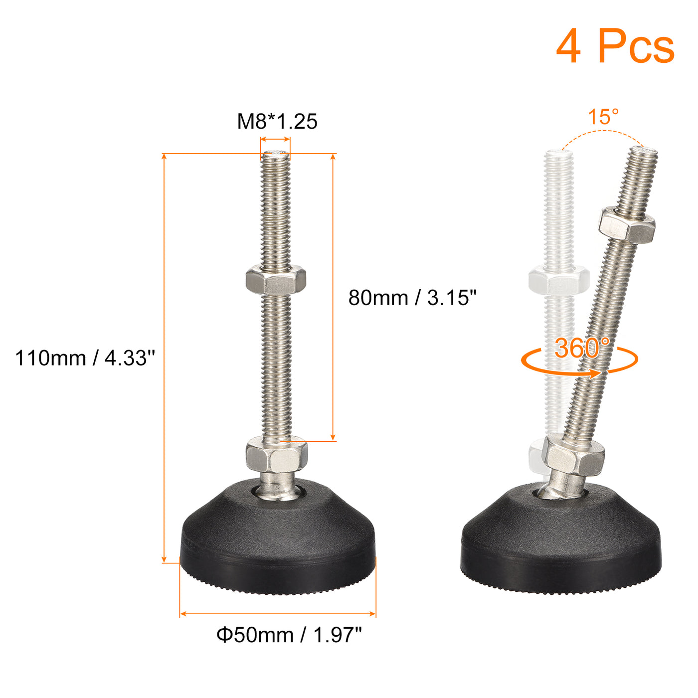 uxcell Uxcell Furniture Levelers, 4Pcs M8x80x50mm Nylon Universal Leveling Feet, Adjustable Swivel Table Feet for Furniture Workshop Machines Machinery Equipment