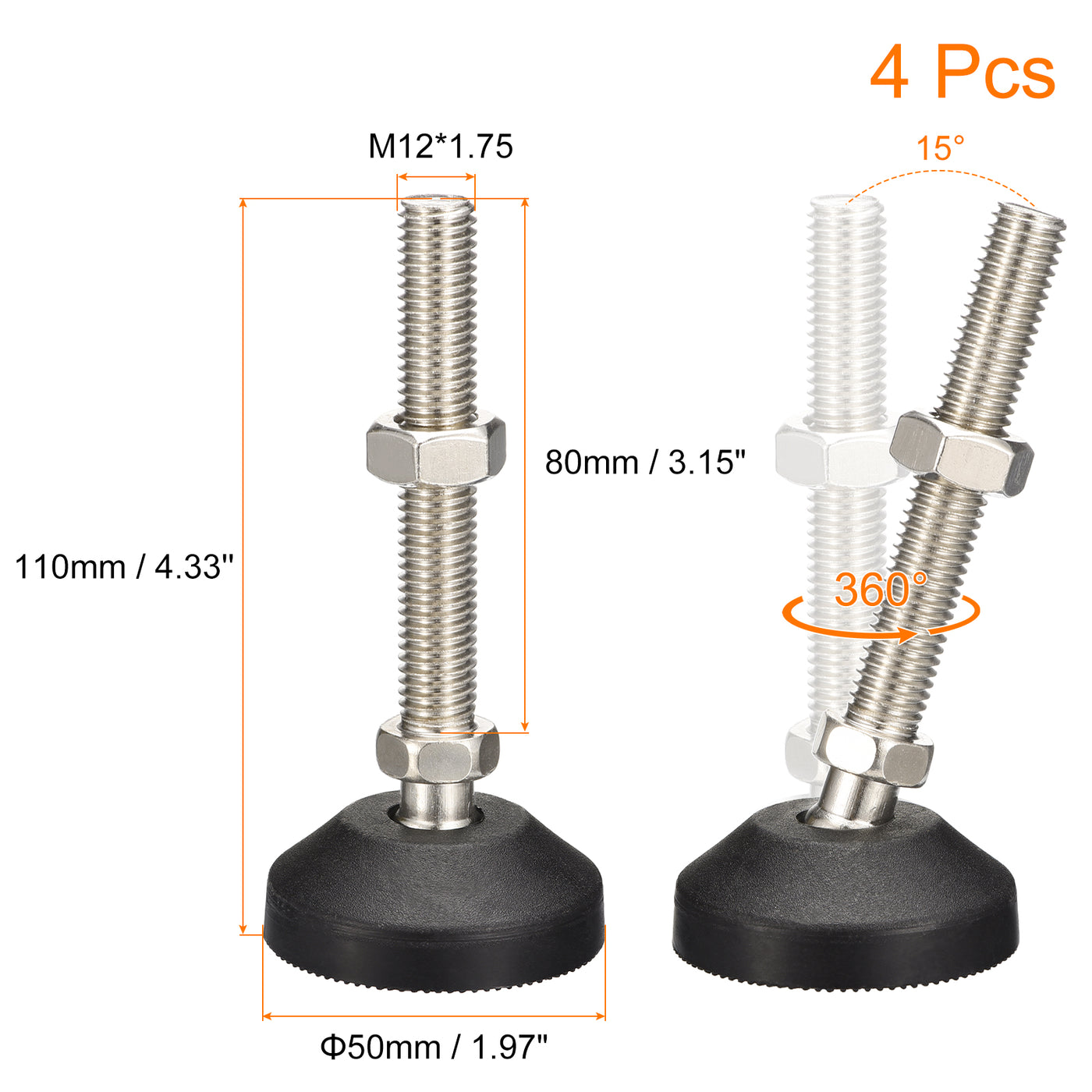 uxcell Uxcell Furniture Levelers, 4Pcs M12x80x50mm Nylon Universal Leveling Feet, Adjustable Swivel Table Feet for Furniture Workshop Machines Machinery Equipment