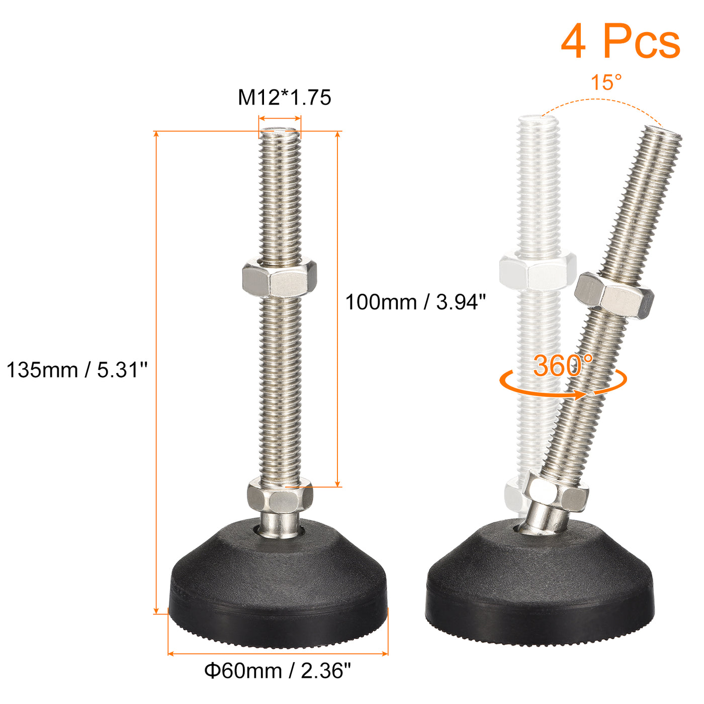 uxcell Uxcell Furniture Levelers, 4Pcs M12x100x60mm Nylon Universal Leveling Feet, Adjustable Swivel Table Feet for Furniture Workshop Machines Machinery Equipment