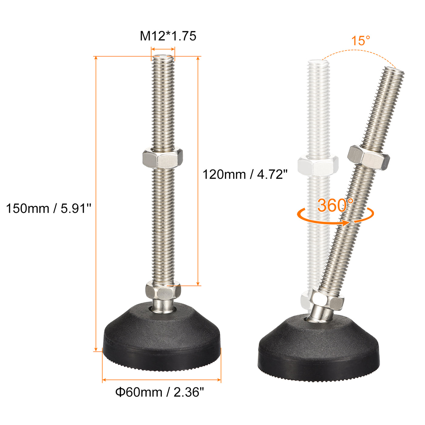 uxcell Uxcell Furniture Levelers, 1Pcs M12x120x60mm Nylon Universal Leveling Feet, Adjustable Swivel Table Feet for Furniture Workshop Machines Machinery Equipment