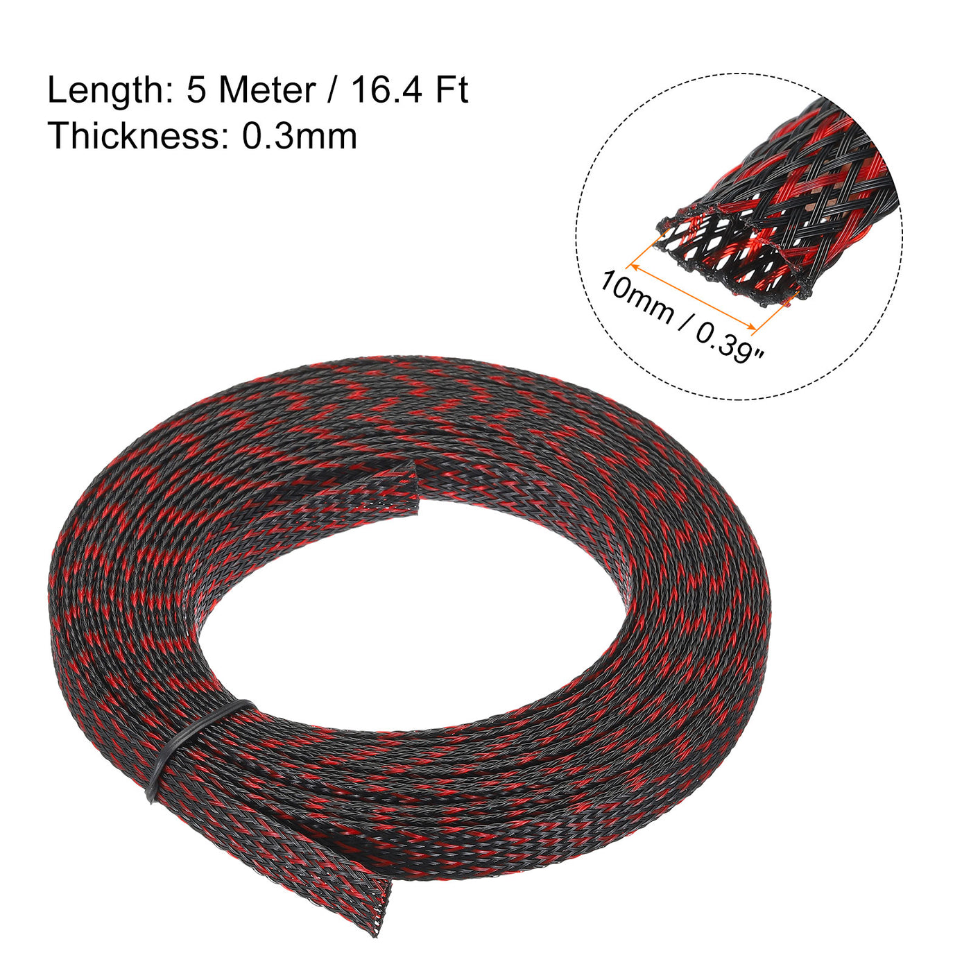 uxcell Uxcell Insulation Braid Sleeving, 16.4Ft-10mm High Temperature Sleeve Black Red