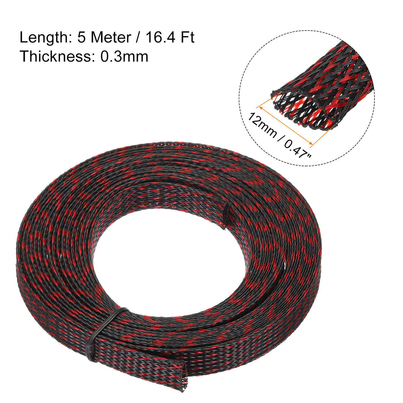 uxcell Uxcell Insulation Braid Sleeving, 16.4 Ft-12mm High Temperature Sleeve Black Red