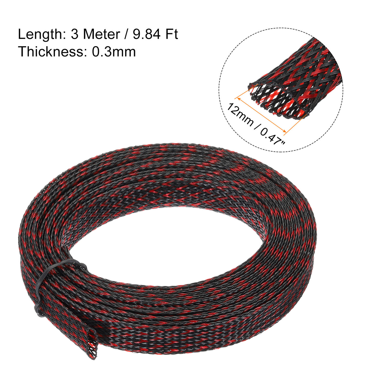 uxcell Uxcell Insulation Braid Sleeving, 9.84 Ft-12mm High Temperature Sleeve Black Red