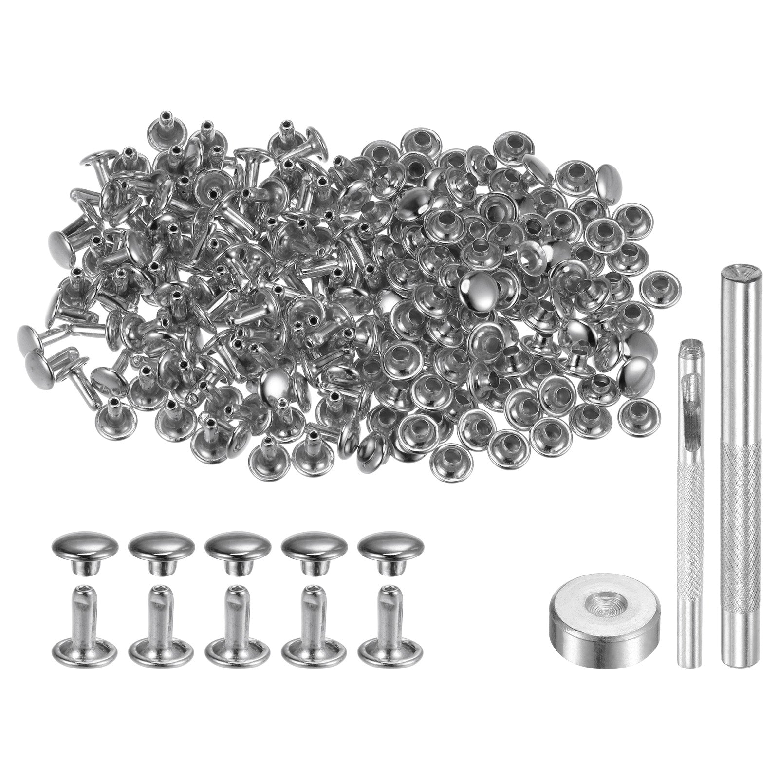 100 Sets Leather Rivets 8 x 7mm Metal with 3 Setter Tools Silver Tone ...