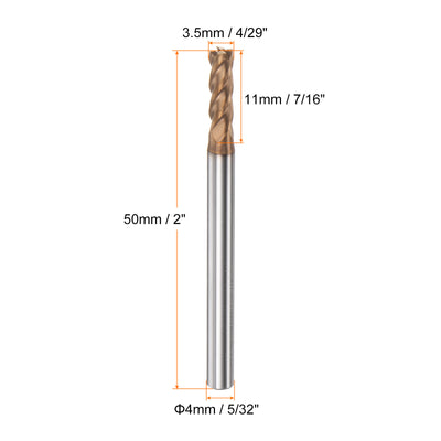 Harfington 3.5mm x 11mm x 4mm x 50mm AlTiN Coated Carbide 4 Flutes Square End Mill Cutter
