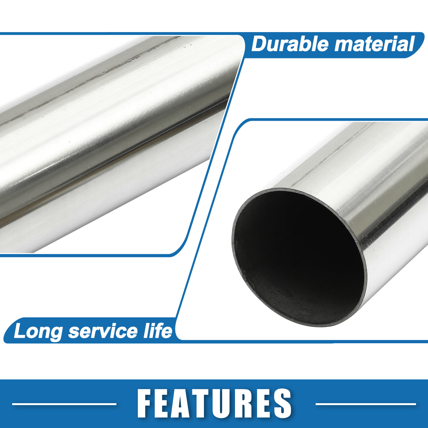 A ABSOPRO Car Mandrel Exhaust Pipe Tube Durable 48" Length 2'' OD Straight Exhaust Tube DIY Custom 0 Degree Modified Piping T304 Stainless Steel Silver Tone