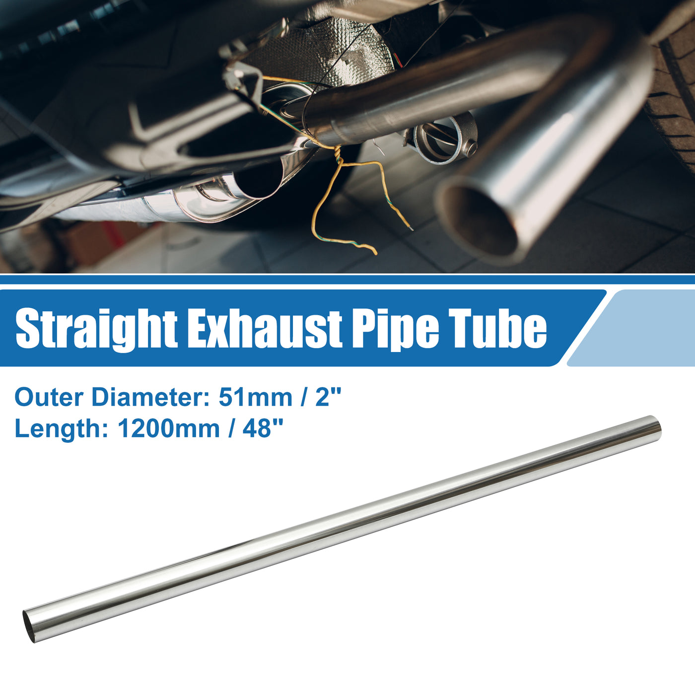 A ABSOPRO Car Mandrel Exhaust Pipe Tube Durable 48" Length 2'' OD Straight Exhaust Tube DIY Custom 0 Degree Modified Piping T304 Stainless Steel Silver Tone