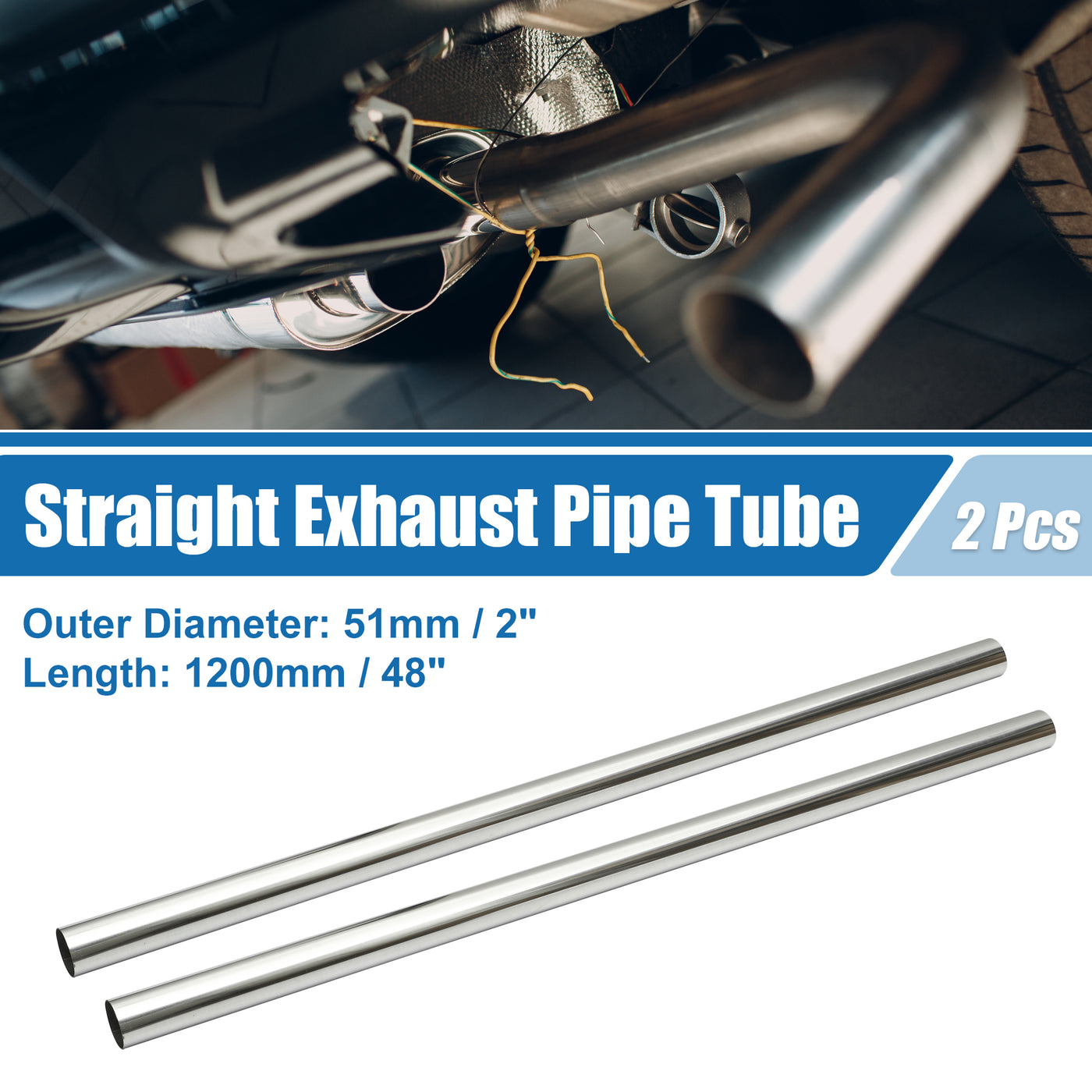 A ABSOPRO Car Mandrel Exhaust Pipe Tube Durable 48" Length 2'' OD Straight Exhaust Tube DIY Custom 0 Degree Modified Piping T304 Stainless Steel (Set of 2)