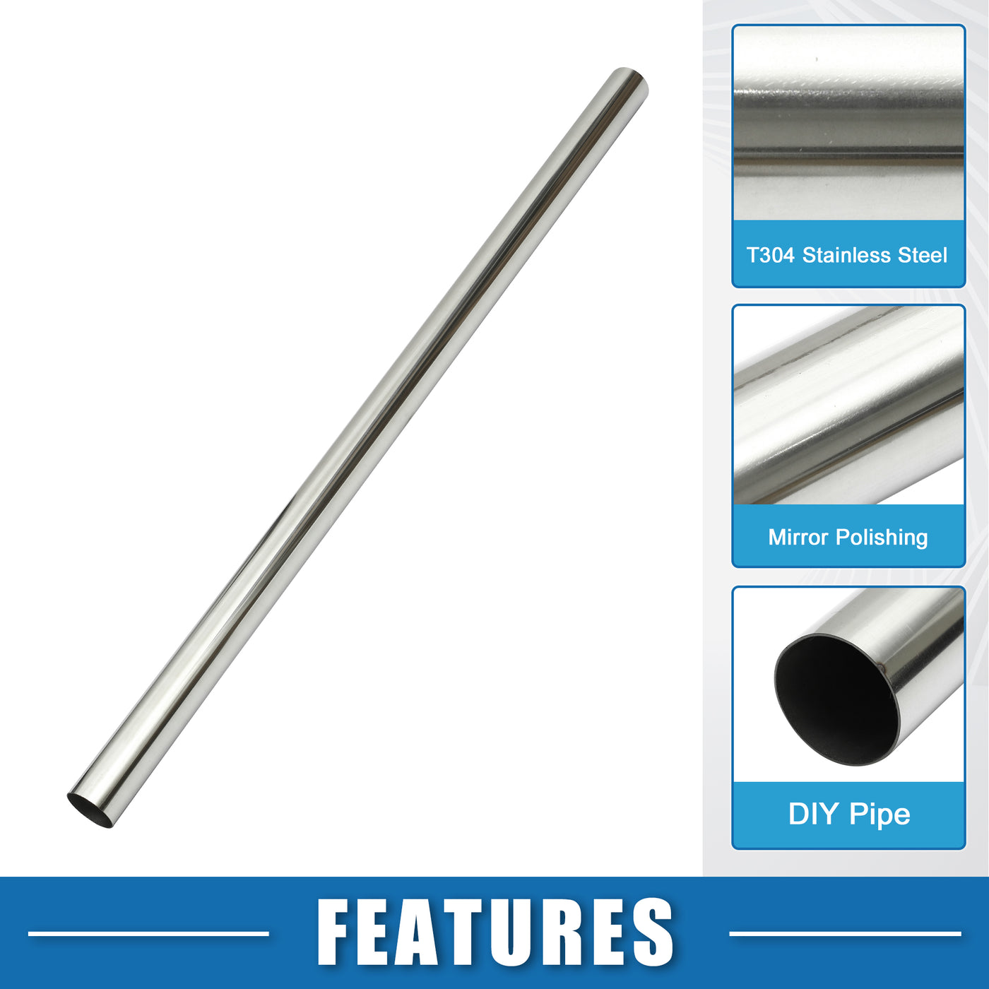 A ABSOPRO Car Mandrel Exhaust Pipe Tube Durable 48" Length 2.25'' OD Straight Exhaust Tube DIY Custom 0 Degree Modified Piping T304 Stainless Steel Silver Tone