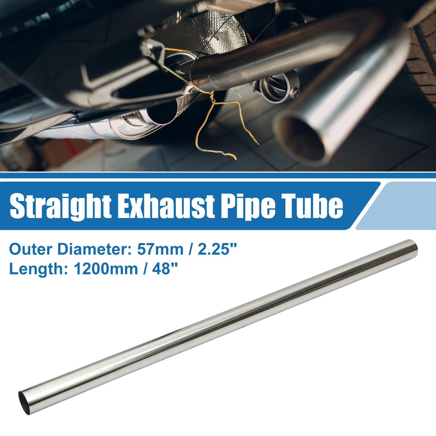 A ABSOPRO Car Mandrel Exhaust Pipe Tube Durable 48" Length 2.25'' OD Straight Exhaust Tube DIY Custom 0 Degree Modified Piping T304 Stainless Steel Silver Tone