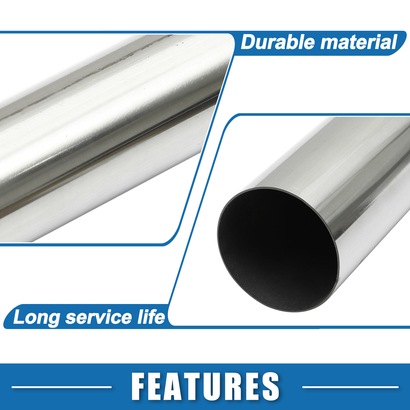 A ABSOPRO Car Mandrel Exhaust Pipe Tube Durable 48" Length 2.5'' OD Straight Exhaust Tube DIY Custom 0 Degree Modified Piping T304 Stainless Steel Silver Tone