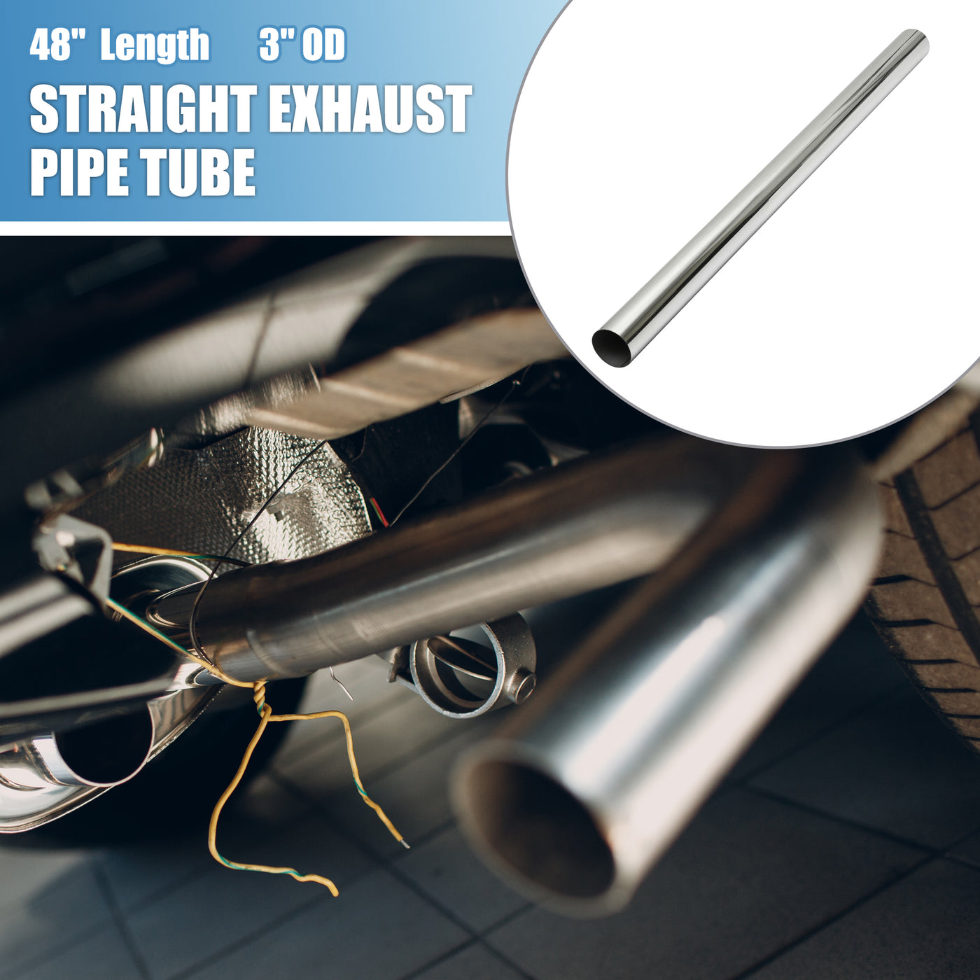 A ABSOPRO Car Mandrel Exhaust Pipe Tube Durable 48" Length 3'' OD Straight Exhaust Tube DIY Custom 0 Degree Modified Piping T304 Stainless Steel Silver Tone