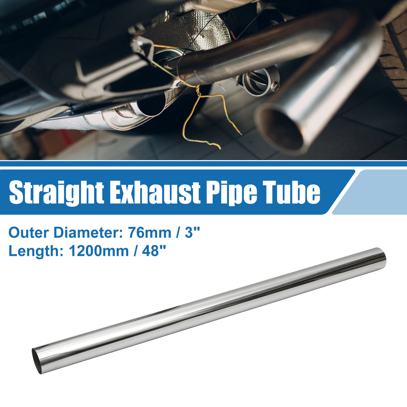 A ABSOPRO Car Mandrel Exhaust Pipe Tube Durable 48" Length 3'' OD Straight Exhaust Tube DIY Custom 0 Degree Modified Piping T304 Stainless Steel Silver Tone