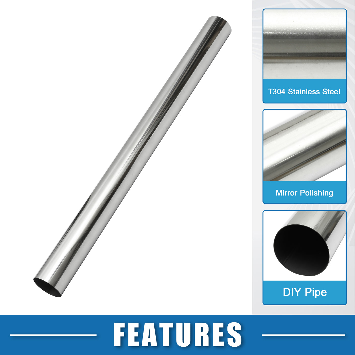 A ABSOPRO Car Mandrel Exhaust Pipe Tube Durable 48" Length 4'' OD Straight Exhaust Tube DIY Custom 0 Degree Modified Piping T304 Stainless Steel Silver Tone