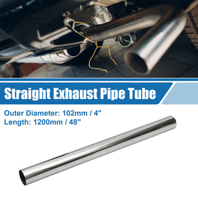 Harfington Car Mandrel Exhaust Pipe Tube Durable 48" Length 4'' OD Straight Exhaust Tube DIY Custom 0 Degree Modified Piping T304 Stainless Steel Silver Tone