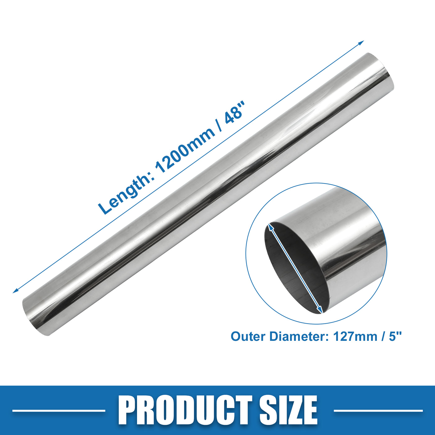 A ABSOPRO Car Mandrel Exhaust Pipe Tube Durable 48" Length 5'' OD Straight Exhaust Tube DIY Custom 0 Degree Modified Piping T304 Stainless Steel Silver Tone