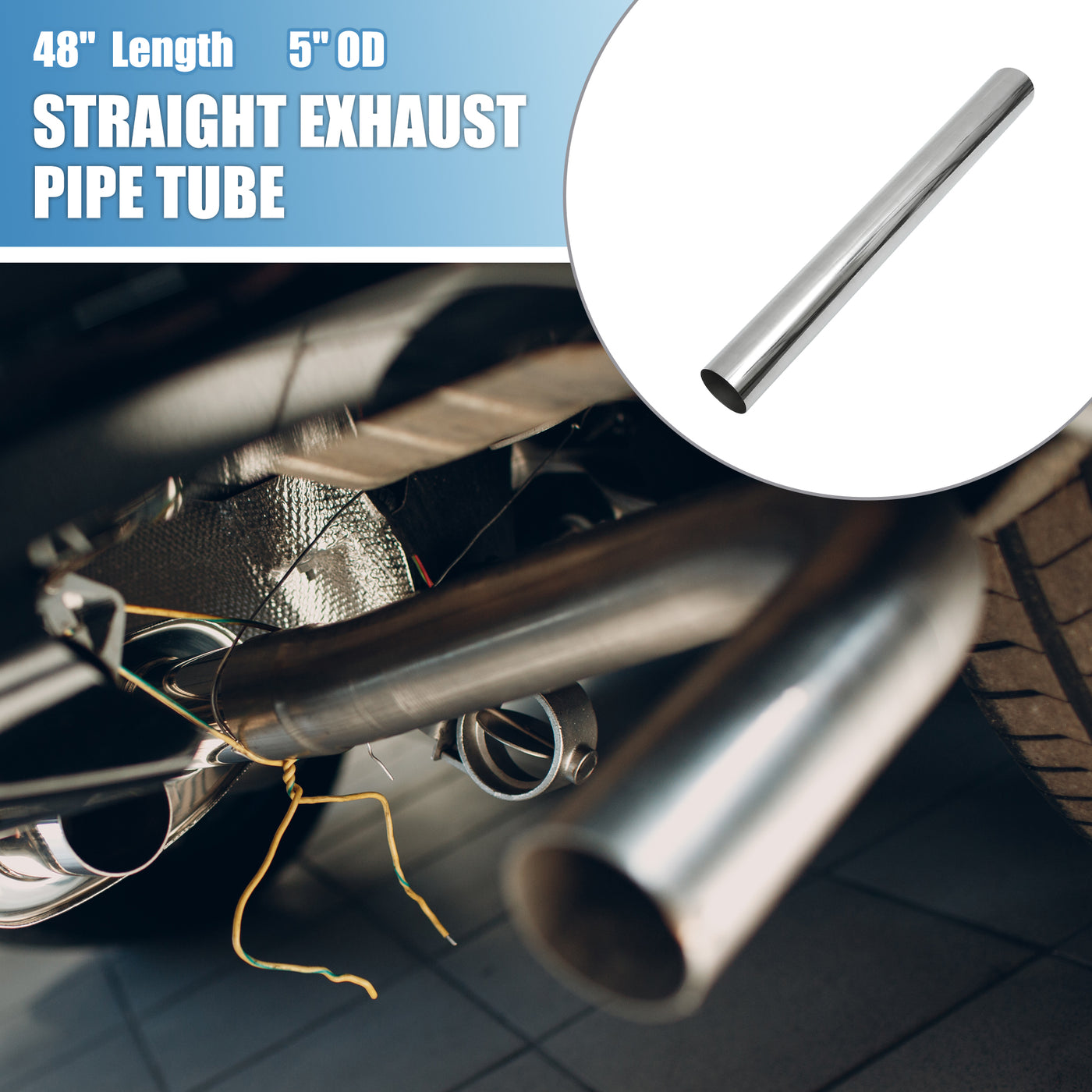 A ABSOPRO Car Mandrel Exhaust Pipe Tube Durable 48" Length 5'' OD Straight Exhaust Tube DIY Custom 0 Degree Modified Piping T304 Stainless Steel (Set of 2)