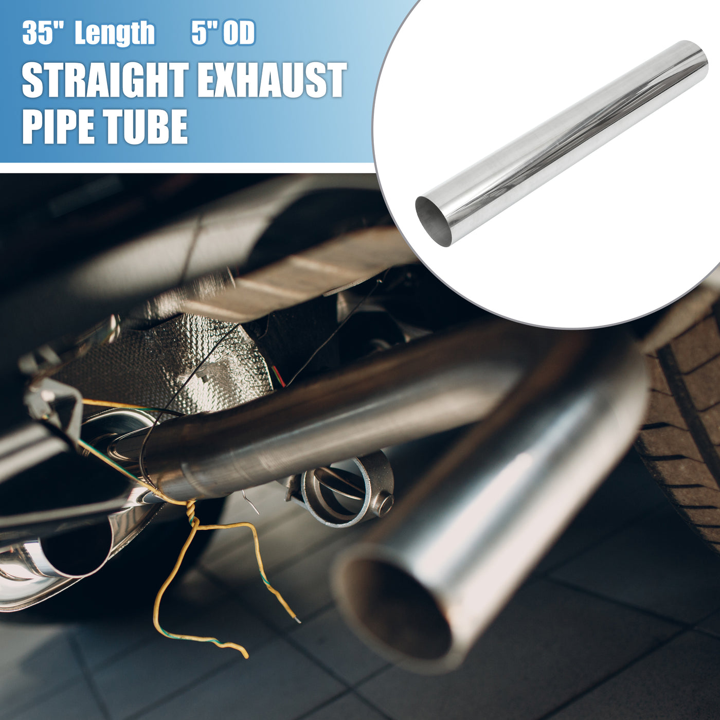 A ABSOPRO Car Mandrel Exhaust Pipe Tube Durable 35" Length 5' OD Straight Exhaust Tube DIY Custom 0 Degree Modified Piping T304 Stainless Steel Silver Tone