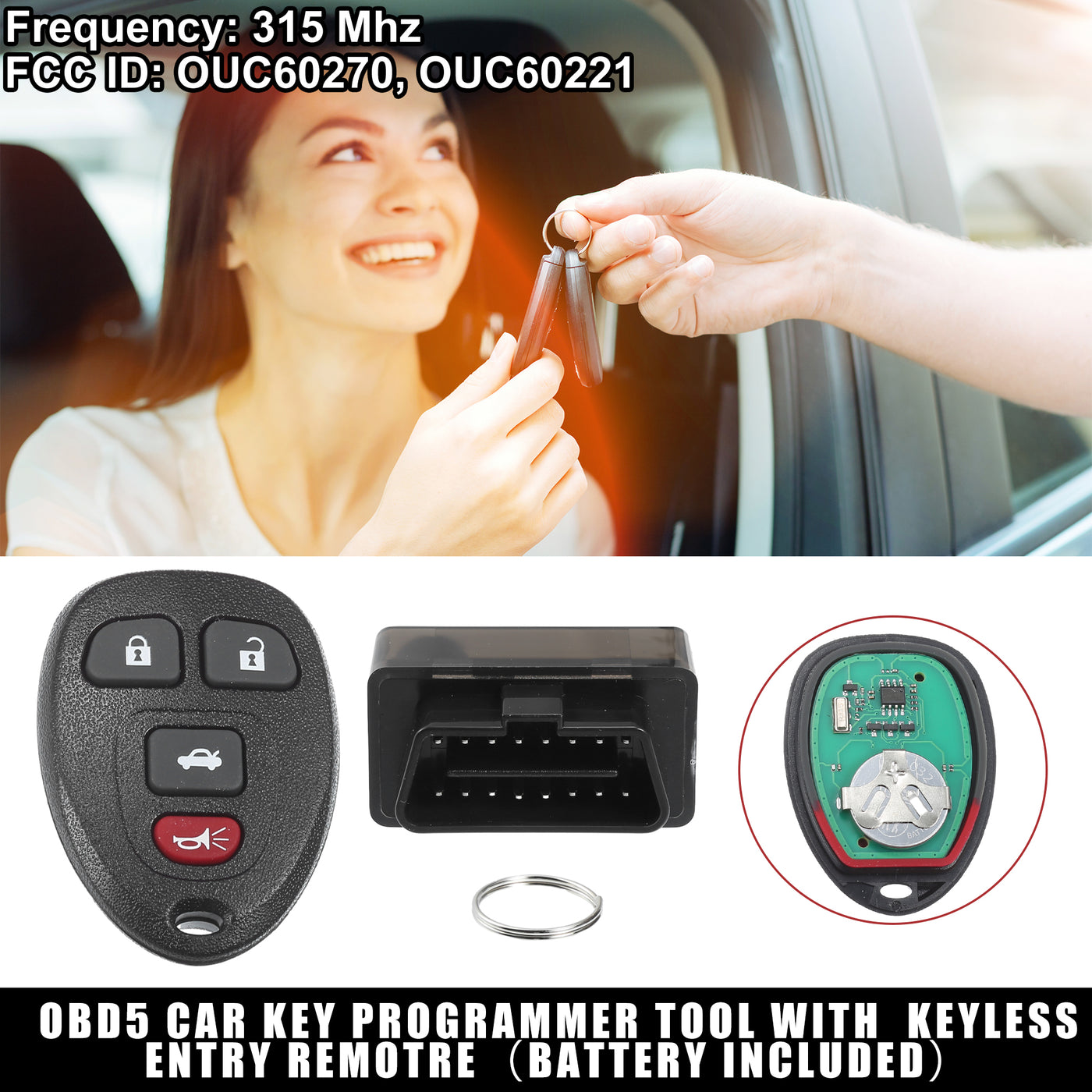 X AUTOHAUX Key Programmer with Keyless Entry Remote Key Fob Replacement for Chevrolet Impala 2006-2016 for Buick Lucerne 2006-2011 OUC60270 OUC60221 with Chip 4 Button 315Mhz OBD2 Tool