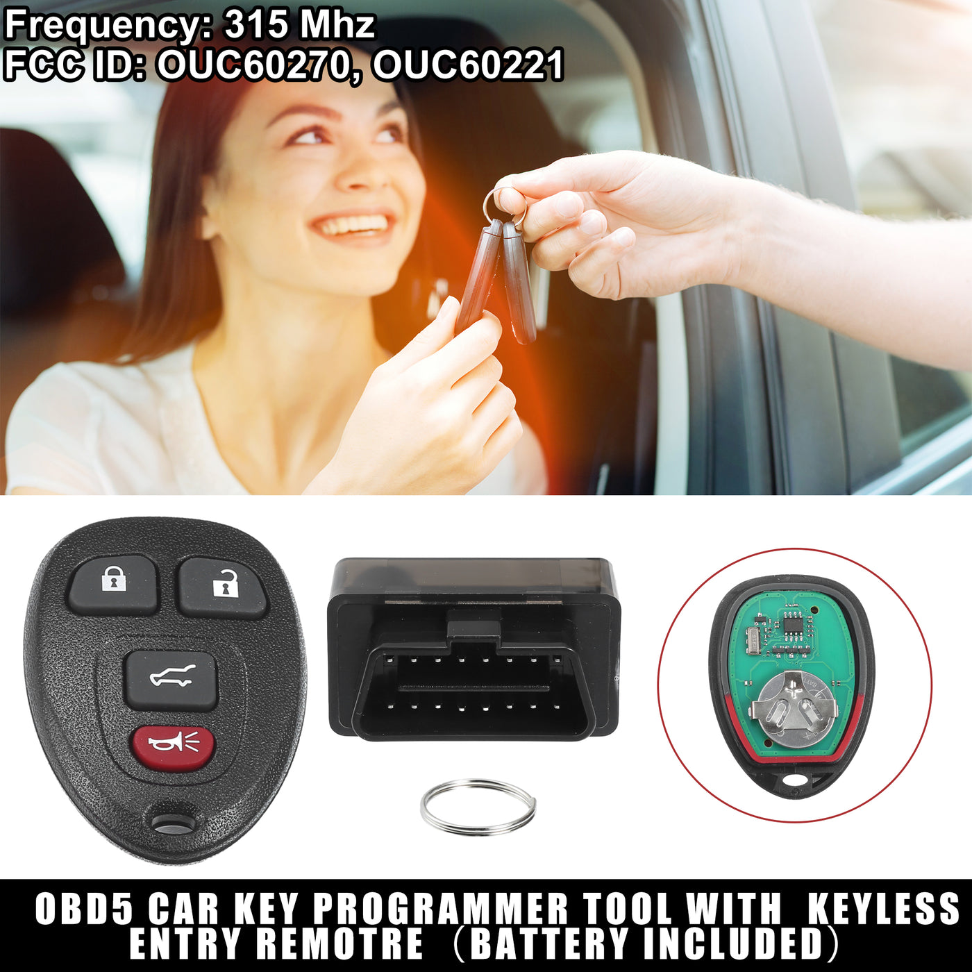 X AUTOHAUX Key Programmer with Keyless Entry Remote Key Fob Replacement for Chevrolet Tahoe 2007-2014 for Chevy Traverse 2009-2017 OUC60270 OUC60221 with Chip 4 Button 315Mhz OBD2 Tool