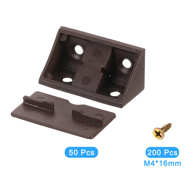 Harfington Uxcell 50Pcs 90 Degree Plastic Corner Braces with Cover Cap, 41x19x19mm Nylon Shelf Right Angle Brackets with Screws for Cabinets, Cupboards (Brown)