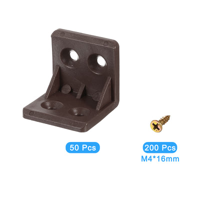 Harfington Uxcell 50Pcs 90 Degree Plastic Corner Braces, 27.3x27x27mm Nylon Shelf Right Angle Brackets with Screws for Cabinets, Cupboards (Brown)