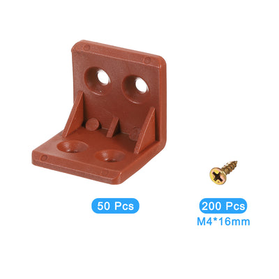 Harfington Uxcell 50Pcs 90 Degree Plastic Corner Braces, 27.3x27x27mm Nylon Shelf Right Angle Brackets with Screws for Cabinets, Cupboards (Red Brown)