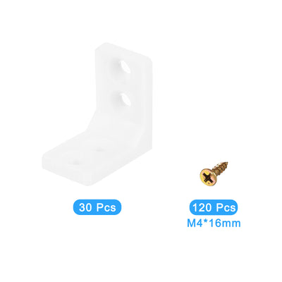 Harfington Uxcell 30Pcs 90 Degree Plastic Corner Braces, 16.5x27x27mm Nylon Shelf Right Angle Brackets with Screws for Cabinets, Cupboards (White)