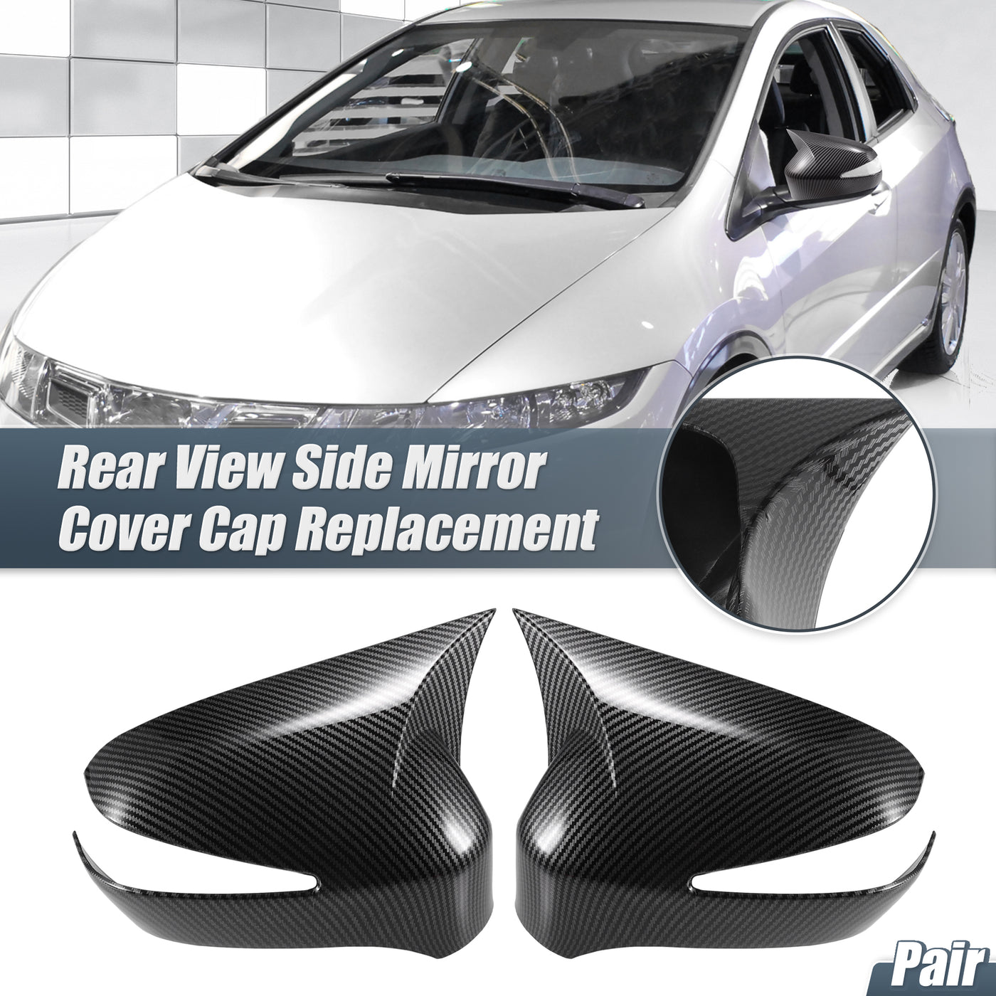 X AUTOHAUX 1 Pair Car Rear View Driver Passenger Side Mirror Cover Cap Overlay Black Carbon Fiber Pattern for Honda Civic 8th Gen 2006-2011 Mirror for Models with Turn Signal Light