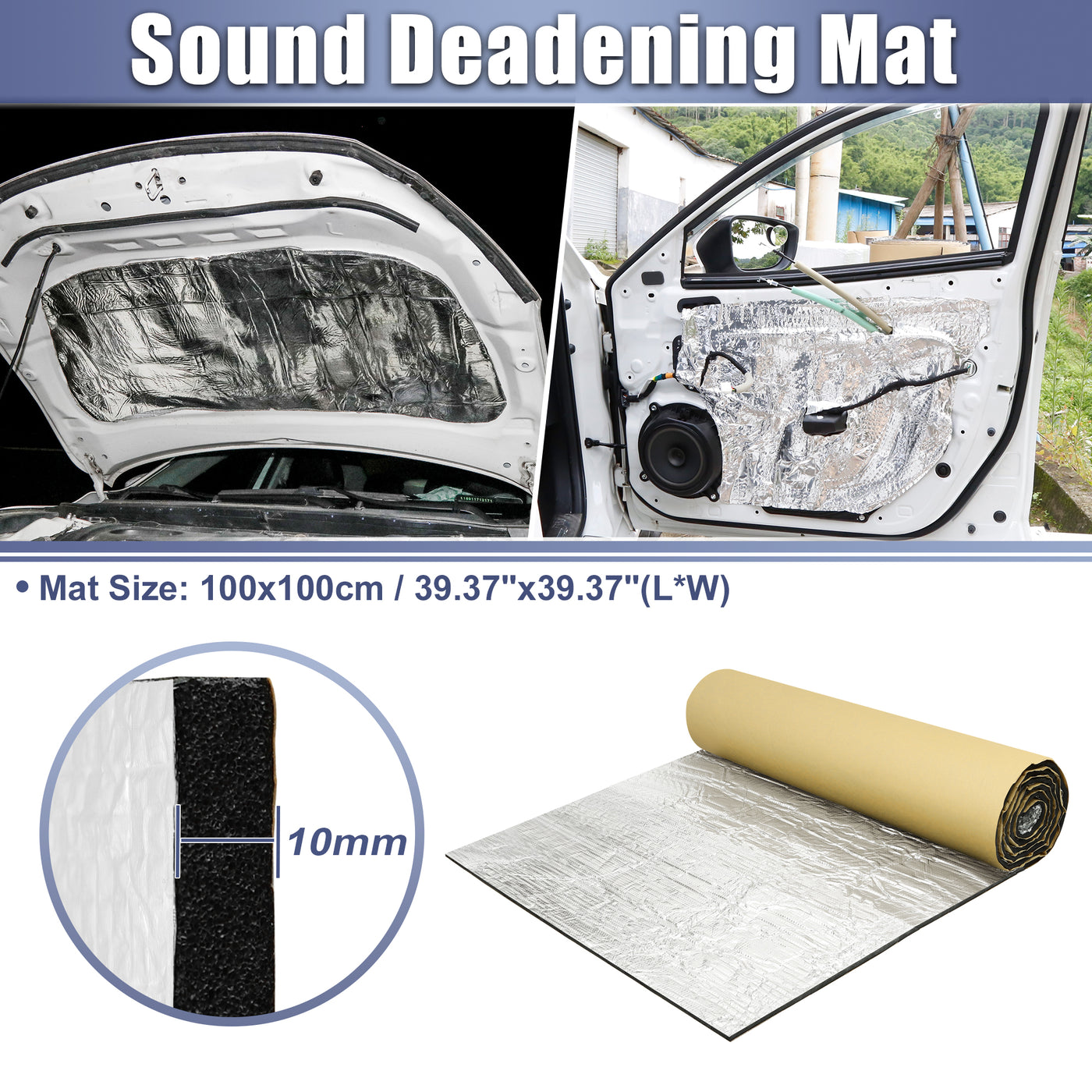 X AUTOHAUX 394mil 10mm 10.76sqft Car Sound Deadening Mat Aluminum Closed Cell Foam Heat Shield Material Damping Self Adhesive Universal for Hood Fender and Boat Engine Cover 39.37"x39.37"
