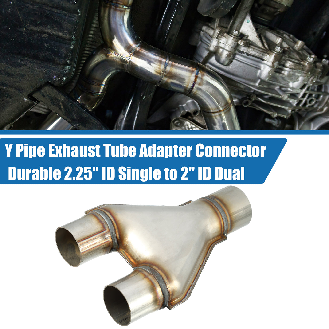 A ABSOPRO Y Pipe Exhaust Tube Adapter Connector Durable 2.25" ID Single to 2" ID Dual Exhaust Adapter Connector 10 Inch Overall Length T409 Stainless Steel Silver Tone