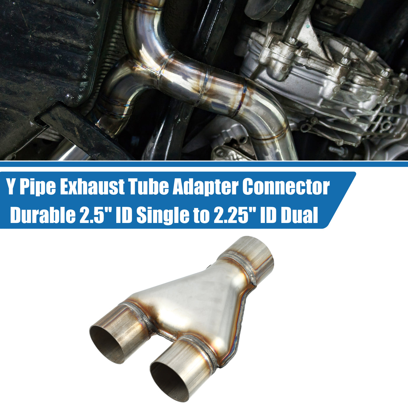 A ABSOPRO Y Pipe Exhaust Tube Adapter Connector Durable 2.5" ID Single to 2.25" ID Dual Exhaust Adapter Connector 10 Inch Overall Length T409 Stainless Steel Silver Tone