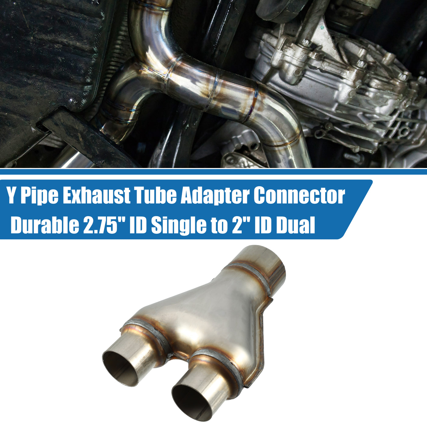 A ABSOPRO Y Pipe Exhaust Tube Adapter Connector Durable 2.75" ID Single to 2" ID Dual Exhaust Adapter Connector 10 Inch Overall Length T409 Stainless Steel Silver Tone