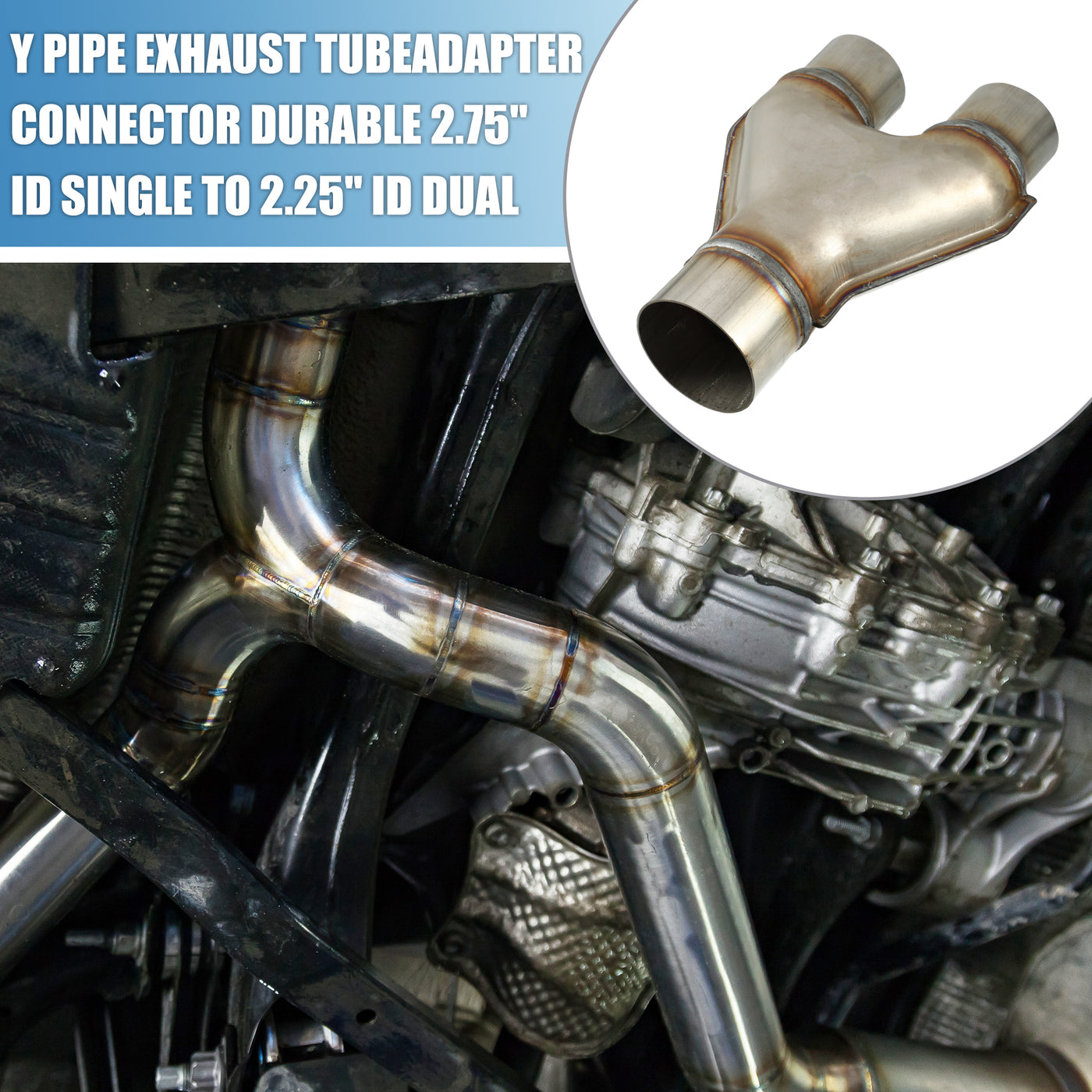 A ABSOPRO Y Pipe Exhaust Tube Adapter Connector Durable 2.75" ID Single to 2.25" ID Dual Exhaust Adapter Connector 10 Inch Overall Length T409 Stainless Steel Silver Tone