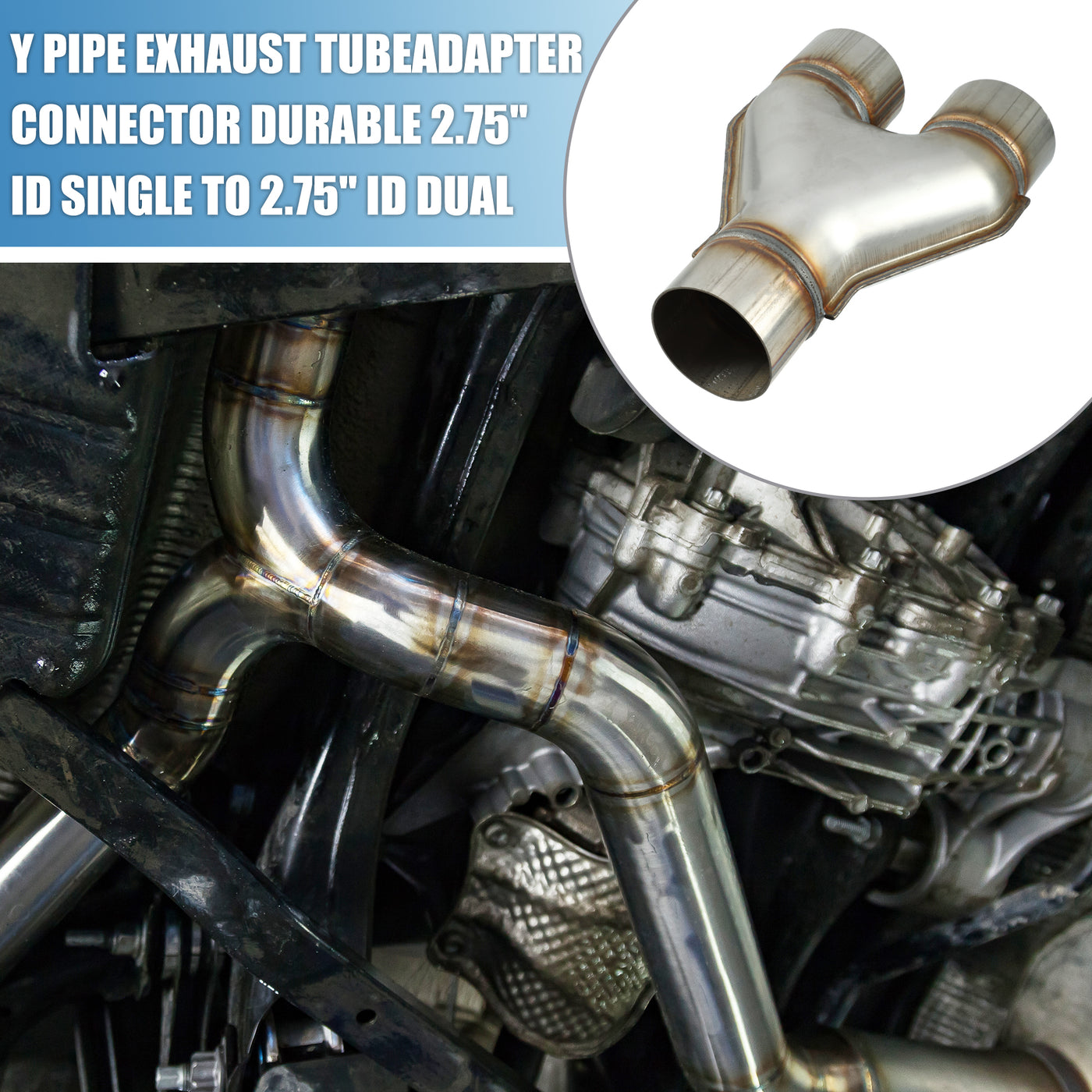 A ABSOPRO Y Pipe Exhaust Tube Adapter Connector Durable 2.75" ID Single to 2.75" ID Dual Exhaust Adapter Connector 10 Inch Overall Length T409 Stainless Steel Silver Tone