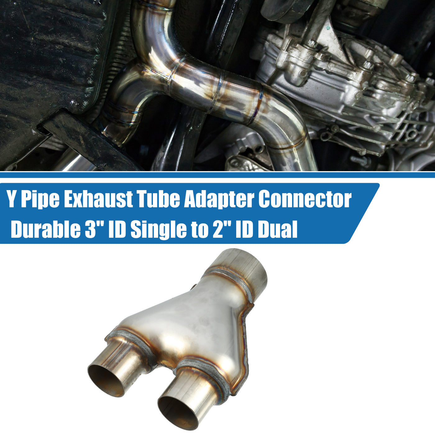 A ABSOPRO Y Pipe Exhaust Tube Adapter Connector Durable 3" ID Single to 2" ID Dual Exhaust Adapter Connector 10 Inch Overall Length T409 Stainless Steel Silver Tone