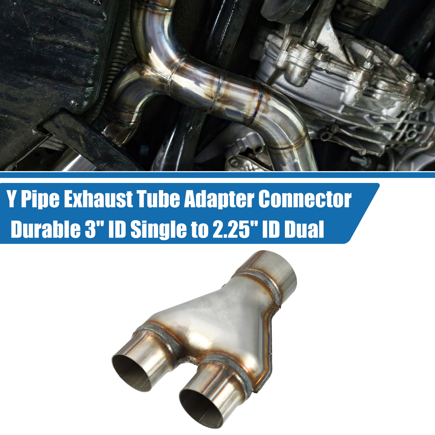A ABSOPRO Y Pipe Exhaust Tube Adapter Connector Durable 3" ID Single to 2.25" ID Dual Exhaust Adapter Connector 10 Inch Overall Length T409 Stainless Steel Silver Tone
