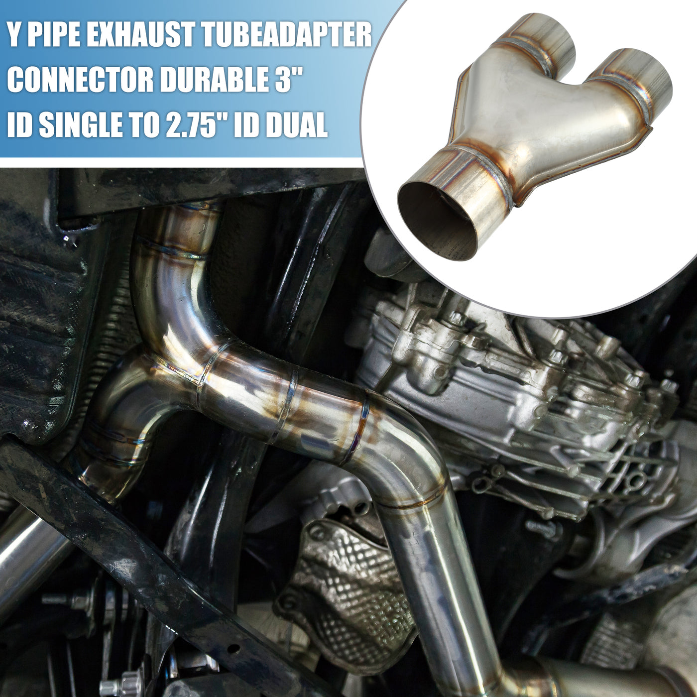 A ABSOPRO Y Pipe Exhaust Tube Adapter Connector Durable 3" ID Single to 2.75" ID Dual Exhaust Adapter Connector 10 Inch Overall Length T409 Stainless Steel Silver Tone