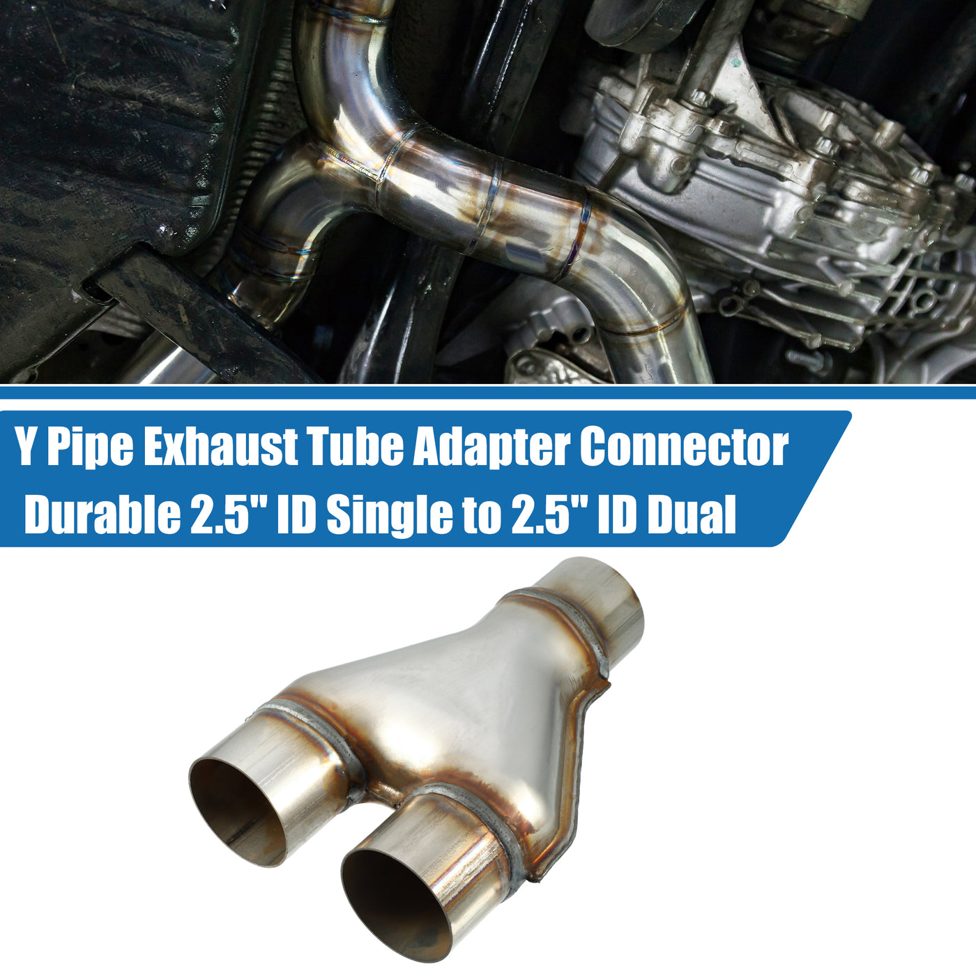 A ABSOPRO Y Pipe Exhaust Tube Adapter Connector Durable 2.5" ID Single to 2.5" ID Dual Exhaust Adapter Connector 10 Inch Overall Length T409 Stainless Steel Silver Tone